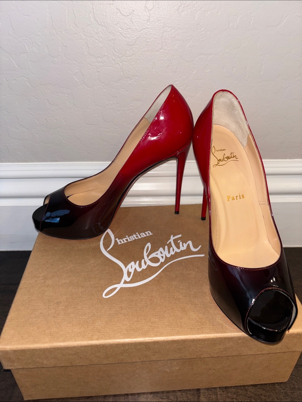 Christian Louboutin Red and Black Patent Peep-Toe Stilettos